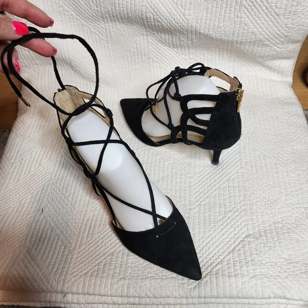 Marc Fisher Black Leather Suede Truthe Lace-up Pointed Toe Pumps Size 7.5